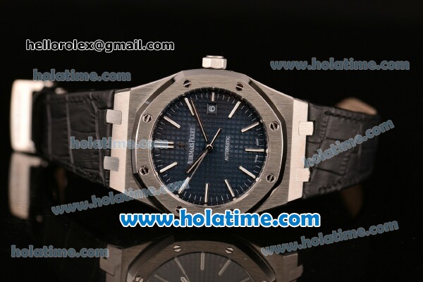 Audemars Piguet Royal Oak Swiss ETA 2824 Automatic Steel Case with Black Leather Strap Stick Markers and Blue Dial ZF Best Edition - Click Image to Close